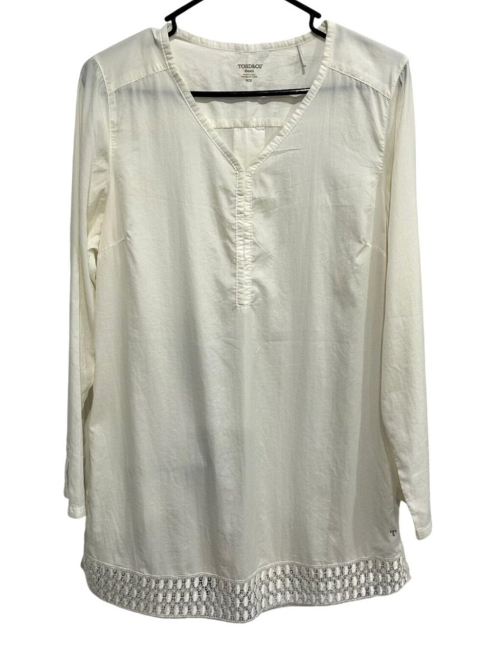 Toad&Co Small White Long Sleeve Blouse Crochet Hem Detail Cottagecore Boho Chic